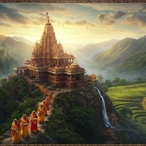 A majestic aerial view of Saptashrungi temple perched atop the seven-peaked mountain, glowing in golden morning light. The temple architecture features intricate Maharashtrian-style carved details with deep maroon and saffron colors. In the foreground, a group of local women in traditional Maharashtrian nauvari sarees (in bright colors of yellow and red) carrying traditional offerings in brass plates. The surrounding landscape shows lush green valleys, cascading waterfalls, and terraced farms in Madhubani art style. Multiple small shrines and cultural landmarks dot the winding path leading to the temple. The scene includes floating mandalas and sacred geometric patterns in glowing gold and peacock blue. Mystical fog partially shrouds the mountain peaks, while lotus flowers and traditional Warli art motifs frame the corners. The lighting creates a divine atmosphere with soft golden rays breaking through clouds, illuminating the temple complex. The art style combines photorealistic architectural details with ethereal, spiritual elements and traditional Indian art patterns.