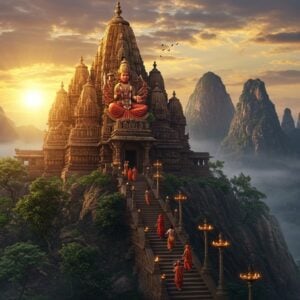 A majestic ancient temple perched atop seven mountain peaks, illuminated by golden sunrise rays piercing through misty clouds. The temple architecture features intricate Hemadpanthi-style carved stone work with detailed medallions and shikhara adorned with miniature temples. In the foreground, a grand stone staircase with 510 steps winds up the mountain, decorated with traditional oil lamps on both sides. The temple houses a naturally formed red-hued stone idol of Goddess Saptashrungi, depicted with 18 arms holding various divine weapons, seated on a golden lotus throne. The scene includes devotees in traditional Maharashtrian attire (women in nauvari sarees) climbing the stairs with offerings of red chunri and coconuts. The surrounding landscape shows dense forests of medicinal plants and seven distinct mountain peaks forming a crown-like formation. The color palette features deep maroons, forest greens, and golden ochres, with subtle purple morning mist. The art style combines hyperrealistic architectural details with ethereal lighting and mystical elements like floating lotus petals and glowing divine aura around the temple spire. The composition demonstrates scale by showing the massive mountain temple complex against human figures, emphasizing its architectural grandeur.