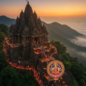 A majestic aerial view of Saptashrungi temple perched dramatically on a seven-peaked mountain, illuminated by golden dawn light. The ancient stone temple structure features traditional Maratha architecture with intricate carvings, surrounded by lush green forests. A winding path decorated with traditional diyas and marigold flowers leads up the mountain, where devotees in colorful traditional Maharashtra attire are seen climbing. The foreground shows a detailed mandala-style illustration of Goddess Saptashrungi with 18 arms holding various weapons, seated on a golden lotus. Mist circles the mountain peaks, creating an ethereal atmosphere. The scene incorporates elements of Pattachitra art style with modern digital rendering, using rich colors like deep maroon, forest green, and burnished gold. Scattered oil lamps create points of warm light throughout the scene, while the sky features subtle pink and orange hues of sunrise. The overall composition suggests both the physical journey and spiritual significance of the pilgrimage.