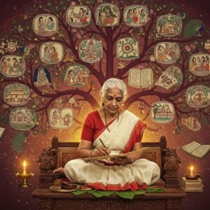 A dignified elderly Indian woman in a simple white cotton saree with red border, sitting cross-legged on an ornate wooden platform, illuminated by warm golden light. Her silver hair is tied neatly, wearing traditional Odishan jewelry. She's writing on palm leaves with traditional tools, surrounded by floating, ethereal manuscripts with Odia script. Behind her, a large intricate Pattachitra-style tree of knowledge spreads its branches, each branch holding different symbols of her poetry - peacocks, lotus flowers, and rural life scenes in Madhubani art style. The background features a subtle mandala pattern in deep maroon and gold. Multiple translucent layers show scenes from her poems - village women, temples, and nature motifs in muted watercolor effect. Soft glowing orbs of light float around her, representing wisdom. The composition combines photorealistic portrait with magical surrealism, rendered in a modern digital art style with rich textures and depth. The overall color palette includes ivory, deep maroon, antique gold, and peacock blue, with hints of forest green.