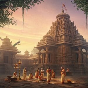 A magnificent ancient temple emerging from early morning mist, its traditional Kalinga architecture style rendered in warm sandstone, with intricate carvings depicting scenes from Hindu mythology. The main shikhara rises majestically against a ethereal sunrise sky in soft pastels of pink and gold. In the foreground, a serene stone courtyard with traditional Odishi patterns features a group of devoted pilgrims in traditional Odishan attire (women in cream colored sambalpur sarees with red borders, men in white dhotis) offering prayers. Multiple brass oil lamps cast a warm golden glow, their flames creating dancing shadows on the temple walls. The scene is adorned with marigold garlands and scattered lotus flowers. Two peacocks perch gracefully on the temple's smaller spires. The atmosphere combines mystical morning fog with streams of golden sunlight breaking through, creating god rays. The artistic style merges traditional Pattachitra art elements with modern digital aesthetics, emphasizing rich colors like deep maroon, saffron, and peacock blue. Intricate mandala patterns float ethereally in the background sky, semi-transparent and glowing. The scene is framed by ancient banyan trees with hanging roots, their leaves catching the morning light.