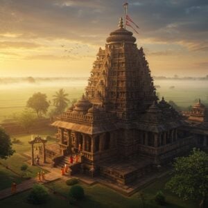 A majestic aerial view of the Sarala Temple complex during golden hour sunrise, rendered in intricate Pattachitra art style with modern digital aesthetics. The temple's traditional Kalinga architecture stands prominently with its curvilinear spire adorned with detailed stone carvings. The foreground shows devotees in traditional Odishan attire walking through a path lined with ancient banyan trees. The temple courtyard features ornate stone pillars and carved lotus motifs. The background reveals the serene countryside of Jhankad with lush paddy fields and coconut groves stretching to the horizon. Soft morning mist creates an ethereal atmosphere, with rays of sunlight filtering through, creating a divine ambiance. The scene includes subtle mandala patterns in the sky in peacock blue and gold. The color palette combines deep maroons, saffron, and earth tones with modern gradients. Sacred bells and traditional deepa stands are visible in the temple entrance, with gentle smoke from ritual fires adding depth. Hyperrealistic lighting with cinematic composition, emphasizing both the temple's grandeur and its spiritual significance.