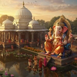 A majestic aerial view of Sarasbaug Ganpati Temple during sunset, with its pristine white dome and traditional Maharashtrian architecture gleaming in golden light. A large, intricately carved stone Ganesh idol, seated in Padmasana with his four hands holding modak, ankush, pash, and blessing pose, occupies the central focus. The idol is adorned with rich gold ornaments and a red silk dhoti. The temple is surrounded by a serene lake reflecting the temple's image, with blooming pink lotus flowers dotting the water surface. In the foreground, devotees in traditional Maharashtrian attire perform aarti with brass thalis and glowing diyas. The scene features detailed Peshwa-era architectural elements with ornate pillars and arches. Soft ethereal light streams through the temple windows, creating a divine atmosphere. The surrounding garden showcases vibrant marigold flowers and deep green foliage. Art style combines hyperrealistic architectural details with mystical Indian traditional art elements, featuring rich colors like deep maroon, saffron, and gold, with a dreamy, spiritual ambiance enhanced by floating light particles and subtle mandala patterns in the sky.