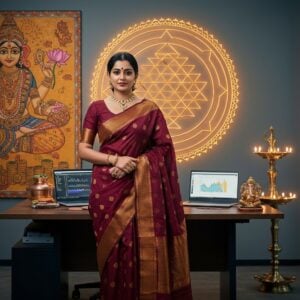 A regal Indian businesswoman in a luxurious deep maroon silk saree with golden border stands confidently in a modern office space, her posture emanating leadership. Behind her, a large intricate Lakshmi yantra merges seamlessly into a modern corporate logo, created using sacred geometry. The scene is illuminated by both modern office lighting and traditional brass diyas. She's adorned with elegant gold jewelry including a simple mangalsutra. On her desk, a modern laptop displays business analytics alongside traditional items like a copper water vessel and a small crystal Ganesha idol. The background features a wall with Madhubani-style art depicting symbols of prosperity - coins, lotus flowers, and conch shells - but rendered in a contemporary minimalist style. The color palette combines corporate blues and grays with traditional Indian colors like saffron and gold. The lighting creates a soft ethereal glow, while sacred geometric patterns subtly overlay the entire scene. The art style seamlessly blends photorealistic corporate photography with traditional Indian artistic elements, creating a harmonious fusion of modern and traditional aesthetics.