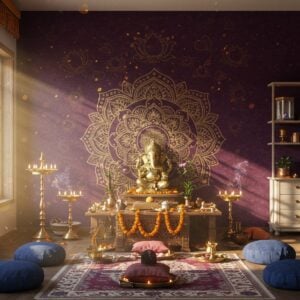 A serene Indian meditation room bathed in soft golden morning light streaming through ornate wooden windows, featuring a beautifully carved wooden puja altar adorned with brass diyas and fresh marigold garlands. A large, intricately designed mandala pattern in gold and deep maroon adorns the main wall, with floating lotus flowers and peacock feathers seamlessly integrated into its design. The space includes traditional meditation cushions in rich peacock blue silk, arranged on a hand-woven geometric pattern carpet. Brass incense holders emit wisps of fragrant smoke that create ethereal patterns in the light. Contemporary minimalist shelving displays carefully arranged sacred items - crystal Shiva lingams, copper water vessels, and silver bells. The room features a perfect blend of traditional elements with modern aesthetic - clean lines meet ornate details, while smart LED diyas create a warm, atmospheric glow. A large brass Ganesha statue sits centered, surrounded by small tea lights in geometric holders. The overall scene has a dreamy, photorealistic quality with subtle particle effects in the light beams, suggesting divine presence. The color palette focuses on deep royal purples, burnished golds, and warm whites.