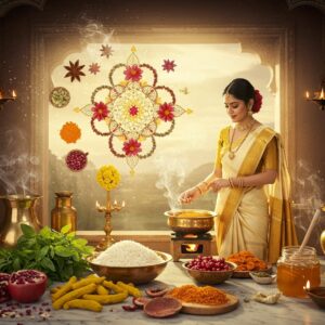 A luminous kitchen scene with warm golden sunlight streaming through an ornate Indian window, illuminating a pristine marble counter adorned with traditional brass and copper vessels. Fresh, vibrant ingredients artistically arranged - pearl white basmati rice, yellow turmeric root, emerald green holy basil leaves, crimson pomegranate seeds, and golden honey in a crystal jar. A beautiful young Indian woman in an elegant cream silk saree with gold border stands preparing food, her hands positioned in graceful mudras. Behind her, floating ethereal mandalas made of spices and flowers create a supernatural aura. The scene features intricate Madhubani-style border patterns of peacocks and lotus flowers. Glowing diyas cast a divine light, while wisps of aromatic steam rise in spiral patterns. The color palette focuses on pure, sattvic colors - white, gold, saffron, and fresh greens. Floating translucent sacred geometry patterns overlay the scene. The lighting is soft and celestial, with subtle lens flares highlighting the pure, wholesome ingredients. Photorealistic digital art style with magical realism elements.