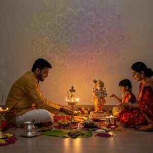 A serene Indian home interior with a dedicated puja area, illuminated by soft golden light. In the center, a beautifully decorated altar with Lord Satyanarayana's idol, adorned with flowers and surrounded by traditional puja items. An Indian family (man, woman, and child) in modern yet traditional attire perform the puja together. The scene is rich with intricate details - a banana leaf with offerings, a silver kalash, lit diyas, and colorful flower petals scattered around. The background features a large, ethereal mandala pattern in soft pastels, merging traditional symbolism with modern aesthetics. Incense smoke swirls gracefully, adding a mystical atmosphere. The overall palette combines deep maroons, saffron, and peacock blue with softer pastel hues, creating a harmonious blend of traditional and contemporary elements.