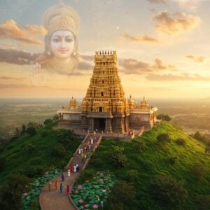 A serene aerial view of the Satyanarayana Swamy Temple in Annavaram, nestled atop a lush green hill. The temple's golden shikhara glows in the warm sunset light, with intricate Dravidian architecture visible. In the foreground, a winding path leads up to the temple, lined with blooming lotus flowers and devotees in colorful traditional attire. The sky is painted in soft pastel hues of orange and pink, with wispy clouds forming subtle mandala patterns. A large, translucent image of Lord Satyanarayana appears in the sky, benevolently overlooking the temple. The scene is rendered in a style blending hyperrealism with ethereal, digital art techniques, emphasizing the spiritual atmosphere and the temple's significance. Soft, golden light bathes the entire scene, creating a warm and inviting ambiance.