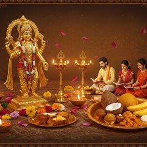 A serene Indian home altar adorned with traditional elements for Satyanarayana Vratham. A golden idol of Lord Vishnu as Satyanarayana sits centrally, surrounded by glowing diyas, colorful flowers, and a decorative kalash. An Indian family (father, mother, and two children) in festive attire performs the puja, with the father reading from sacred texts. Nearby, a plate with prasad items - bananas, coconut, and sweets. Soft, warm light bathes the scene, creating a spiritual ambiance. Intricate Madhubani-style patterns frame the image, blending with modern digital art techniques. The color palette features rich golds, saffron, and deep maroons, with accents of peacock blue. Floating lotus petals and a subtle mandala in the background add to the ethereal atmosphere. The overall composition balances traditional elements with a contemporary, inviting feel, showcasing the step-by-step nature of the ritual.