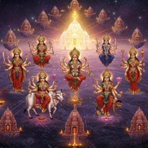 A majestic cosmic scene depicting nine manifestations of Goddess Durga (Navadurga) arranged in a circular formation around a central, ethereal Shakti Peeth temple glowing with divine golden light. Each Durga form is distinct and detailed - Shailaputri on her bull, Brahmacharini with her kamandalu, Chandraghanta with her golden bell, Kushmanda radiating solar energy, Skandamata with baby Kartikeya, Katyayani wielding weapons, Kaalratri in her dark fierce form, Mahagauri in pure white, and Siddhidatri with her lotus. The goddesses are adorned in rich, flowing silks in traditional colors (deep red, royal blue, saffron), wearing intricate gold jewelry and crystal-clear gemstones. The background features a mystical landscape with 51 miniature Shakti Peeth temples floating in space, connected by streams of spiritual energy in pink and purple hues. Intricate Madhubani-style patterns frame the scene, with contemporary digital art elements like lens flares and particle effects. The lighting is dramatic with soft golden rays emanating from the central temple, creating an otherworldly atmosphere. Sacred symbols like tridents, lotus flowers, and yantra patterns float in the space between the goddesses, rendered in a modern minimalist style.