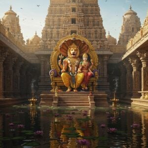 A majestic temple courtyard scene featuring Lord Narasimha in his divine form with a lion head and human body, seated on an ornate golden throne with Goddess Lakshmi beside him. Lord Narasimha has four arms - upper right holding the Sudarshan Chakra, upper left holding the conch shell, lower right in abhaya mudra, and lower left holding a lotus. His form emanates a golden aura. The temple architecture showcases intricate South Indian dravidian style with towering gopurams decorated with detailed carvings in gold and saffron. The foreground features a reflecting pool with floating lotus flowers, creating perfect symmetry. Soft morning light streams through the temple pillars creating dramatic shadows. The scene incorporates traditional Pattachitra art style elements with modern digital rendering, using rich colors like deep maroon, royal blue, and burnished gold. Multiple oil lamps cast a warm ethereal glow, while incense smoke creates mystical swirls in the air. The temple walls feature intricate mandala patterns and traditional Hindu motifs. Perspective shot from ground level looking up at the magnificence of the temple structure.