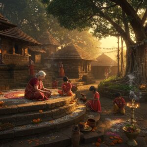 A mystical aerial view of Siddhatek village at golden hour, with ancient stone architecture seamlessly blending with lush landscapes. In the foreground, an elderly Indian woman in a traditional Maharashtrian nauvari saree (deep maroon with golden border) sits on an intricately carved stone platform, teaching a group of young children traditional art of rangoli. The scene features detailed Madhubani-style borders with peacocks and lotus motifs. Traditional brass lamps and earthen pots are scattered around, their surfaces reflecting warm sunlight. In the background, terracotta-roofed houses with traditional Maharashtrian architecture merge with banyan trees adorned with prayer flags. Soft, diffused lighting creates a dreamy atmosphere, while delicate smoke wisps from incense sticks add depth. The color palette combines earthy browns, rich maroons, and golden highlights with touches of peacock blue in the sky. The overall composition should have a cinematic, panoramic feel with photorealistic details enhanced by traditional Indian art elements.