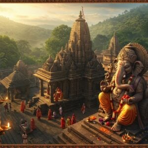 A majestic aerial view of an ancient stone temple complex nestled among emerald hills, with intricate Maratha-style architecture featuring detailed carvings and spires. In the foreground, a large, ornately carved stone Ganesha idol in traditional Ashtavinayak style, with his trunk turned to the right, adorned with gold ornaments and fresh flower garlands. The temple courtyard shows devotees in traditional Maharashtra attire performing pradakshina. Soft morning sunlight filters through misty clouds, creating divine rays that illuminate the temple's shikhara. Detailed Madhubani-style patterns border the scene, incorporating elements of ashta (eight) through subtle mandala designs. The color palette includes deep maroons, saffron, and gold with ethereal blue undertones. Small oil lamps and incense smoke create a mystical atmosphere. The scene is rendered in a blend of realistic digital art with traditional Indian art elements, focusing on spiritual symbolism while maintaining photographic details of the temple architecture.