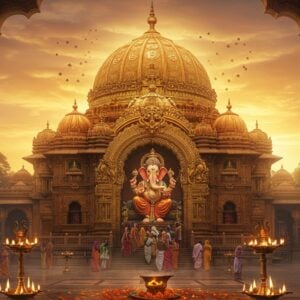 A majestic, intricately detailed front view of Mumbai's Siddhivinayak Temple during sunrise, with its distinctive gold-plated dome gleaming in morning light. The temple architecture features ornate Maharashtrian style with detailed carvings and patterns in warm golden-orange tones. Lord Ganesha's massive idol visible through the temple entrance, depicted with right-facing trunk, four arms holding lotus, axe, modak and rosary, seated on a throne of lotus. Devotees in traditional Indian attire circumambulating the temple, creating a dynamic flow of movement. Ethereal golden aura surrounds the temple dome, with floating lotus petals and spiritual symbols in the air. The foreground shows traditional brass diyas with glowing flames and fresh marigold garlands. Art style combines hyperrealistic architectural details with mystical elements, featuring deep maroons, saffron, and gold color palette. Soft morning mist adds depth, while intricate Madhubani-style patterns frame the corners of the scene. The atmosphere captures both grandeur and spiritual serenity.