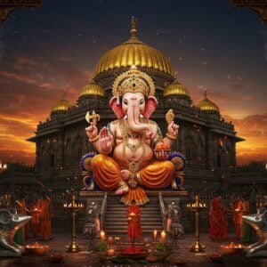 A majestic, ornate Siddhivinayak Temple illuminated by golden divine light against a deep twilight sky, featuring its distinctive dome with gold-plated crown. Lord Ganesha in his Siddhivinayak form sits prominently in the center, with four arms holding lotus, axe, modak, and japa mala, right trunk curved towards the right. The deity is adorned with gold ornaments, a crown studded with precious stones, and a ruby-studded third eye. The scene includes devotees in traditional Indian attire circumambulating the temple, their faces lit by floating brass diyas. Intricate Madhubani-style patterns frame the scene, incorporating traditional motifs of lotus flowers and sacred symbols. The foreground features ornate silver mice (Ganesha's vahana), offerings of red flowers, and modak. The atmosphere is enhanced by swirling incense smoke creating ethereal patterns, with soft glowing auras in shades of saffron and deep maroon. The temple's architecture showcases detailed marble work with modern digital art treatment, highlighting its octagonal shape and silver-plated entrance doors. Photorealistic style with mystical elements, deep rich colors, and atmospheric lighting.