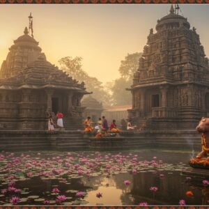 A majestic ancient stone temple complex emerging from morning mist, featuring intricate Kalinga architecture with detailed carvings and a towering shikhara adorned with ornate sculptures. The temple's reflection shimmers in a sacred pond filled with pink lotus flowers. In the foreground, a group of devotees in traditional Odishan attire perform ritual prayers with brass lamps. The scene is illuminated by golden sunrise rays filtering through the mist, creating a mystical atmosphere. Intricate mandalas and traditional Pattachitra-style borders frame the scene. The temple walls showcase detailed stone carvings of lions (simha) in various poses, emphasizing the temple's name. The color palette includes deep maroons, gold leaf highlights, peacock blues, and warm earth tones. Sacred threads and flower garlands decorate the temple entrance, while incense smoke creates ethereal swirls in the morning light. A large stone Nandi sits majestically in front of the temple, adorned with fresh flower garlands. The art style combines photorealistic architecture with mystical, ethereal lighting and traditional Indian art elements, creating a seamless blend of ancient and contemporary aesthetics.