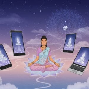 A serene Indian woman in a flowing, pastel-colored sari sits in lotus position on a translucent, glowing lotus flower. She's surrounded by floating, ethereal digital devices - smartphones, tablets, and laptops - each displaying different spiritual symbols and practices. Soft, golden light emanates from the devices, illuminating her peaceful face. In the background, a large, intricate mandala slowly rotates, composed of shimmering binary code and ancient Sanskrit characters. Gentle swirls of energy in soothing blues and purples connect the woman to the devices. The scene is set against a gradient sky transitioning from deep indigo to soft pink, dotted with twinkling stars. Ethereal, wispy clouds form the shape of a path, leading towards a distant, radiant light. The overall style blends traditional Madhubani patterns with sleek, modern digital aesthetics, creating a harmonious fusion of ancient wisdom and contemporary technology.