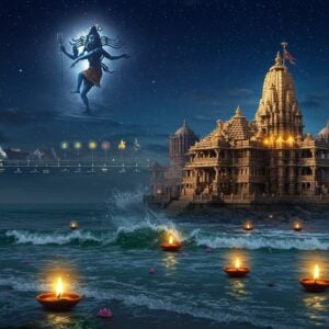 A majestic nighttime scene of the Somnath Temple illuminated by moonlight, with Lord Shiva's cosmic dance silhouette visible in the starlit sky above. The temple architecture features intricate details in gold and silver, with waves of the Arabian Sea crashing against the shore, creating a mystical foam pattern resembling Om symbols. The foreground shows ancient pillars partially submerged in water, symbolizing the temple's multiple reconstructions. Floating diyas and lotus flowers dot the water surface, creating golden reflections. The scene is enhanced with ethereal blue and gold light streams, while in the background, a subtle timeline visualization shows the temple's evolution through different eras. The art style combines traditional Gujarati temple architecture with modern digital art techniques, featuring a rich color palette of deep blues, burnished gold, and silver. The atmosphere is mystical and timeless, with subtle hints of spiritual energy depicted through glowing mandalas and swirling energy patterns around the temple spires.