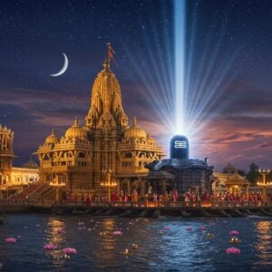 A majestic night scene of the Somnath Temple illuminated by moonlight, with Lord Shiva's iconic silver jyotirlinga emanating divine rays of blue-white light reaching towards the starlit sky. The temple architecture features intricate Gujarat-style carved spires and domes in golden-honey limestone. In the foreground, a serene Arabian Sea with gentle waves reflecting the moonlight, with floating lotus flowers and diyas. The scene includes devotees in traditional Indian attire performing aarti with golden lamps. Cosmic elements like the crescent moon, stars, and ethereal cloudy wisps frame the temple. The lighting creates a dramatic interplay of light and shadow, with the jyotirlinga's glow as the central focus. The art style combines photorealistic architectural details with mystical elements, subtle mandala patterns in the sky, and a color palette of deep blues, silver, gold, and warm earth tones. The atmosphere suggests divine presence with subtle hints of spiritual energy, like silvery threads of light and glowing particles in the air. Hyperrealistic digital art with elements of traditional Indian art patterns.