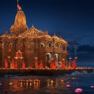 A majestic night scene of the illuminated Somnath Temple with its iconic shikhara towering against a deep indigo sky filled with twinkling stars. The temple's intricate carved details are highlighted by warm golden light from countless oil lamps. In the foreground, a group of priests perform the evening aarti ceremony, their golden puja thalis creating mesmerizing circular patterns of light. Multiple brass bells hang from ornate chains, while the ocean waves of the Arabian Sea crash against the temple base, creating a mystical atmosphere. The scene features floating lotus flowers and diyas on the water, their reflections creating dancing patterns. The temple is surrounded by an ethereal glow, with traces of sandalwood incense smoke swirling in artistic patterns. Art style combines hyperrealistic architectural details with mystical Indian elements, featuring a color palette of deep blues, warm golds, and rich burgundy. The lighting focuses on the dramatic contrast between the temple's illumination and the dark sky, creating a sense of divine presence.