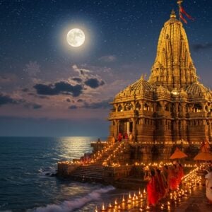 A majestic night view of the ornate Somnath Temple illuminated in warm golden light, its towering shikhara reaching towards a star-filled sky with a brilliant full moon. The temple's detailed architecture features intricate Chalukya-style carvings and sculptures, with the main spire reflected in the serene Arabian Sea waters below. In the foreground, devotees in traditional Indian attire walk along the temple courtyard, carrying brass diyas that create a trail of glowing lights. The scene is enhanced with ethereal elements like floating lotus petals and subtle mandala patterns in the sky. The color palette combines deep blues of the night sky, warm golden temple lights, and touches of saffron and silver. Multiple oil lamps illuminate the temple steps, creating a mystical atmosphere. The waves of the Arabian Sea gently crash against the temple base, with Lord Shiva's trishul symbol prominently featured at the temple entrance. The art style merges photorealistic architectural details with spiritual, otherworldly elements, rendered in high-detail digital art with dramatic lighting and atmospheric effects.