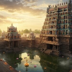 A majestic aerial view of a grand South Indian temple complex at golden hour, featuring a massive gopuram with intricate Dravidian architecture rising 7 tiers high, adorned with hundreds of detailed colorful sculptures of deities and mythological figures. The temple's main entrance showcases ornate mandapams with carved granite pillars decorated with dancing apsaras and lotus motifs. The foreground features a vast temple tank with crystal-clear water reflecting the entire structure, surrounded by stone steps. Multiple smaller shrines with golden kalasams glinting in sunlight dot the complex. Soft rays of light filter through clouds, creating divine light beams that illuminate the temple's sacred spaces. The scene includes detailed stone carvings of elephants, peacocks, and traditional geometrical patterns in Tamil architecture style. The color palette combines deep browns of stone, gold of sunset, rich maroons of granite, and touches of bright colors from painted sculptures. Mystical fog flows around the base, with floating lotus flowers and oil lamps in the temple tank. Art style combines photorealistic architectural details with ethereal lighting and surreal spiritual elements, maintaining historical accuracy while creating a dreamlike atmosphere. The composition emphasizes the temple's grandeur and spiritual significance through dramatic perspective and lighting.