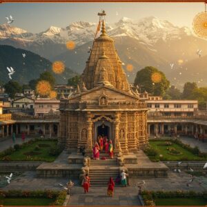 A majestic aerial view of Kangra Valley at golden hour, with the snow-capped Dhauladhar mountains in the background. In the foreground, an intricately detailed ancient stone temple with traditional Nagara architecture style, its shikhara adorned with detailed carvings of deities and geometric patterns in warm sandstone color. A serene garden surrounds the temple with blooming lotus pools. Multiple stone steps lead to the temple entrance, where devotees in traditional Himachali attire (women in colorful pattus and men in traditional caps) are offering prayers. Floating ethereal mandalas and sacred symbols in gold and saffron hover in the air. The scene is illuminated by both natural sunlight and spiritual divine light emanating from the temple dome. Rich cultural motifs inspired by Kangra paintings decorate the borders of the scene, featuring peaceful doves, bells, and local flora. The atmosphere combines mystical elements with photorealistic details, creating a dreamlike quality while maintaining architectural accuracy. The lighting creates a warm, inviting glow that highlights the temple's ancient stone textures and the valley's natural beauty.