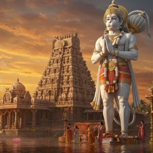 A majestic, towering Hanuman statue in pure white marble against a sunrise-lit sky, standing 20 feet tall in humble devotion with folded hands (anjali mudra). His face shows deep devotion, eyes gazing upward. He wears a golden sacred thread and traditional dhoti with intricate Madhubani-style patterns. Behind him, a grand South Indian temple architecture with ornate gopuram decorated with detailed sculptures and golden kalasam. The temple features traditional Dravidian architecture with multiple tiers. The foreground shows devotees performing abhishekam with flowers and holy water. Vibrant marigold garlands and vermillion decorations adorn the temple entrance. Sacred fire lamps illuminate the scene with warm golden light. The atmosphere is enhanced with swirling incense smoke creating ethereal patterns. Floating lotus flowers and peaceful water bodies surround the temple premises. The color palette includes deep oranges, spiritual whites, and rich golden hues. The art style combines hyperrealistic digital rendering with traditional Indian art elements, creating a serene and divine atmosphere. The scene is bathed in a soft, supernatural glow suggesting divine presence.