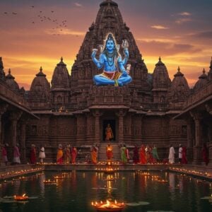 A majestic ancient stone temple dedicated to Lord Shiva rising against a mystical twilight sky, with intricate Nagara architecture style and ornate carvings. Lord Shiva in his four-armed form stands in the center, holding trishul, damaru, and displaying abhaya mudra, emanating a divine blue aura. The temple structure features multiple shikaras with detailed relief work showing scenes from Shiva Purana. The foreground shows a serene sacred pool with floating lotus flowers and diyas, their golden light reflecting in the water. Devotees in traditional Indian attire perform worship rituals. The scene is enhanced with spiritual elements like floating mandalas, wisps of incense smoke, and ethereal light beams filtering through temple pillars. The color palette combines deep maroons, saffron, and gold with touches of peaceful blue and turquoise. Madhubani-style patterns adorn the temple walls, while the overall composition maintains a photorealistic quality with magical realism. The scene should evoke both historical grandeur and spiritual tranquility.