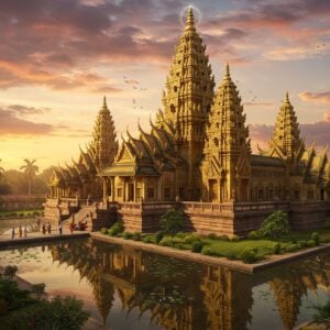 A majestic aerial view of the golden-spired Subarnameru Temple at sunset, with intricate Khmer architecture rising like a mountain of gold against a dramatic sky filled with soft pink and orange clouds. The temple's five towers emerge from different levels, creating a pyramidal structure, with the central tower soaring highest. Detailed stone carvings of apsaras and Hindu deities adorn the walls, with intricate bas-reliefs catching the golden light. A serene reflection pool in the foreground mirrors the temple's grandeur, surrounded by blooming lotus flowers. Soft ethereal light streams through the clouds, creating divine rays that illuminate the temple's golden spires. The scene is rendered in a fusion of traditional Indian art style and modern digital aesthetics, with rich gold, deep saffron, and peacock blue tones. Small figures of pilgrims in traditional dress walk along the ancient causeway, providing scale to the massive structure. Mystical elements include floating mandalas and subtle spiritual symbols emerging from the temple's aura, while maintaining archaeological accuracy. Lush tropical vegetation frames the edges of the scene, with carefully manicured gardens visible in the mid-ground.