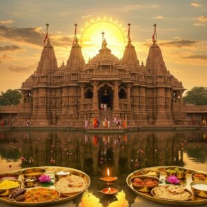 A majestic sun temple at golden hour, with intricate Gujarati architectural details carved in warm sandstone, reflecting in a perfectly still stepped tank. The temple's detailed carvings showcase scenes from Hindu mythology in Madhubani art style. The main shrine features elaborate geometric patterns and ornate pillars bathed in ethereal golden light streaming through ancient windows. In the foreground, traditional Gujarati thali with authentic dishes like dhokla, khandvi, and thepla arranged on brass plates with intricate patterns. Floating lotus flowers and diyas in the tank create magical reflections. The sky features a large, glowing mandala-style sun with peacock blue and saffron gradient clouds. Soft pastel highlights enhance the carved details, while deep maroons and golds dominate the temple structure. Small groups of pilgrims in traditional Gujarati attire adding human element. Digital art style merging hyperrealistic architectural details with surreal lighting and traditional Indian art elements. The scene has a serene, spiritual atmosphere with subtle glowing aura around the temple spires.