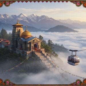 A majestic aerial view of the Surkanda Devi temple perched atop a misty Himalayan peak, with a modern glass-and-steel ropeway cabin gliding through ethereal clouds. The temple architecture features traditional Nagara style with ornate shikhara in warm gold and saffron hues. The scene is illuminated by soft morning sunlight creating a divine glow. In the foreground, detailed Madhubani-style patterns of lotus flowers and peacocks frame the view. The background showcases snow-capped mountains in peacock blue and soft purple tints. Prayer flags flutter in the wind, creating dynamic movement. The temple is surrounded by deodhar trees with a mystical fog rolling in. The composition includes small groups of pilgrims in traditional Indian attire making their way up the temple steps. Art style combines hyperrealistic digital painting with traditional Indian art elements, emphasizing surreal lighting and atmospheric depth. The scene should evoke feelings of spiritual ascension and divine connection.