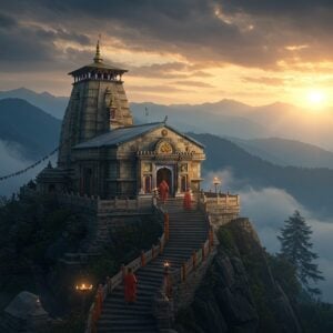 A majestic ancient stone temple perched atop a misty Himalayan peak at sunrise, its traditional North Indian architectural style featuring intricate carvings and a golden spire piercing through clouds. The temple structure incorporates elements of Nagara architecture with detailed mandala patterns and geometric designs in gold and saffron. In the foreground, a winding stone stairway adorned with marigold flowers and traditional oil lamps leads upward. The scene is illuminated by dramatic golden-orange morning light breaking through clouds, creating a mystical atmosphere. Multiple levels of mountains in various shades of blue fade into the distance. Small groups of pilgrims in traditional Indian attire are seen ascending the stairs. The surrounding landscape features sacred cedar trees and prayer flags fluttering in the mountain breeze. The art style combines hyperrealistic digital painting techniques with traditional Pahadi folk art elements, emphasizing rich textures and atmospheric lighting. The color palette includes deep blues, misty grays, warm golds, and earthy browns, with specks of marigold orange.