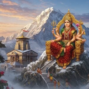 A majestic portrayal of Goddess Surkanda Devi seated on a golden throne atop a snow-capped Himalayan peak, her form radiating divine golden light. She appears as a beautiful Indian woman wearing a rich red and gold silk saree, adorned with traditional Pahari jewelry including a prominent nose ring and elaborate crown. Her four arms hold a trident (upper right), lotus flower (upper left), offering protection mudra (lower right), and holding a bell (lower left). The background features the actual temple architecture with its distinctive Nagara style, surrounded by towering deodars and rhododendrons in bloom. Mystical clouds swirl around the peak, with soft rays of sunrise creating a dramatic backlight. The scene incorporates traditional Pahari miniature painting style elements merged with modern digital art techniques. Lower foreground shows devotees climbing the sacred steps through mist, with prayer flags fluttering in the mountain breeze. The color palette combines deep maroons, mountain blues, snow whites, and golden accents, with an ethereal glow throughout the composition.