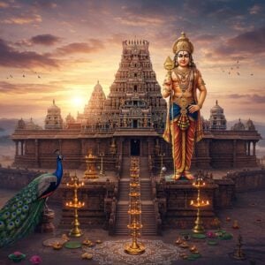 A majestic aerial view of Swamimalai Temple during sunrise, with Lord Murugan standing tall in his signature pose - holding the vel (divine spear) in his right hand, wearing vibrant silk vastram in deep red and gold, adorned with traditional temple jewelry. The 60 steps leading to the temple glow with brass oil lamps on either side. The temple's gopuram features intricate Dravidian architecture with gold-leafed details against a mystical sky with soft pink and orange clouds. In the foreground, a peacock with an iridescent tail spreads its feathers, surrounded by floating lotus flowers and traditional kolam patterns. The scene is enhanced with ethereal golden light rays breaking through clouds, highlighting the temple's sacred aura. The art style combines hyperrealistic architectural details with surreal lighting and traditional South Indian temple art elements, rendered in rich colors of deep maroon, royal blue, and temple gold. A subtle mandala pattern frames the entire composition, with small oil lamps creating a spiraling pattern of warm light.