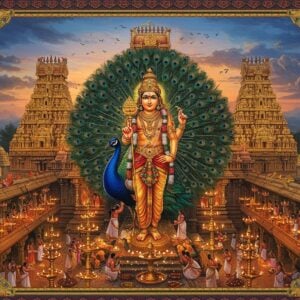 A majestic aerial view of Swamimalai Temple's golden gopuram illuminated at dusk, with Lord Murugan standing gracefully in the foreground, holding his divine vel (spear) in his right hand and blessing mudra in left hand, adorned in rich silk vastram in deep red and gold. His divine peacock mount spreads its magnificent feathers behind him, creating a mandala-like pattern in iridescent blues and greens. The scene is enhanced by hundreds of traditional brass oil lamps and floating diyas creating a warm golden glow, with devotees performing Thiruvizha (temple festival) rituals in traditional Tamil attire. Intricate Madhubani-style patterns frame the scene, featuring Tamil temple architecture motifs in gold against a deep peacock blue background. Ethereal wisps of sacred smoke from yagas rise up, merging with soft clouds. The overall composition has a surreal, divine quality with a blend of hyperrealistic details and spiritual symbolism, featuring rich colors of saffron, gold, maroon, and peacock blue. Multiple levels of the temple are visible, each decorated with traditional festival banners and flower garlands in marigold orange and jasmine white.