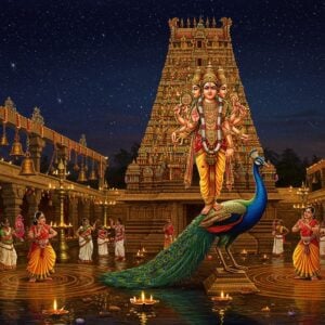 An ethereal nighttime scene of the majestic Swamimalai Temple gopuram illuminated by hundreds of traditional brass oil lamps and modern spotlights, casting a golden glow against a deep indigo sky filled with twinkling stars. Lord Murugan stands magnificently in the foreground, six-faced and twelve-armed, holding his divine vel spear in his primary right hand, mounted on his celestial peacock vahana which has its feathers spread in full glory with shimmering blue-green iridescence. The peacock stands on a grand golden lotus platform. Around the temple, devotees in traditional Tamil attire perform the kummi dance in concentric circles, their colorful silk sarees creating a mesmerizing spiral pattern. Multiple layers of brass temple bells of varying sizes hang from decorative arches, with intricate Madhubani-style patterns carved on them. The scene includes sacred elements like banana leaves, coconuts, and garlands of jasmine flowers adorning the temple pillars. Floating diyas on the temple tank reflect the starlight, creating a mirror effect. The entire composition is rendered in a blend of traditional South Indian temple art style and modern digital artwork, with a color palette of deep maroons, peacock blues, burnished gold, and saffron, with subtle lighting effects that create a divine, otherworldly atmosphere.