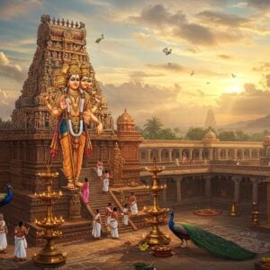 A majestic aerial view of Swamimalai Temple at golden hour, with Lord Murugan standing gracefully as a six-faced deity in the center, wearing rich silk vastram in deep red and golden colors, holding his vel (divine spear) in his right hand and showing chin mudra in his left hand. Behind him, the temple's distinctive South Indian architectural elements are visible - the 60-foot tall gopuram with intricate Dravidian sculptures in warm terracotta and gold tones, surrounded by concentric temple walls. The foreground features devotees climbing the sacred 60 steps, each step illuminated with traditional brass lamps. Peacocks, Murugan's divine vehicle, dance gracefully near the temple entrance. The scene is enhanced with ethereal lighting, with soft rays of sunlight filtering through clouds, creating a divine atmosphere. Small details include banana and coconut offerings, temple bells, and traditional kolam patterns. The color palette focuses on deep maroons, rich golds, and peaceful blues, rendered in a style merging traditional Thanjavur painting techniques with modern digital art aesthetics. Floating lotuses and subtle mandalas in the sky add a mystical element.