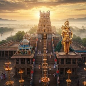 A majestic aerial view of Swamimalai Temple complex during golden sunrise, with Lord Murugan standing tall in his traditional pose holding his vel (divine spear) in his right hand, peacock by his side, dressed in rich red and gold silk vastras. The temple's gorgeous South Indian architecture with intricate gopuram details in Dravidian style, featuring ornate sculptures and golden vimana glowing in morning light. Steps leading to the temple adorned with traditional brass diyas and vibrant flower garlands. Devotees climbing the sacred 60 steps symbolizing 60 Tamil years. The surrounding landscape shows the Cauvery River flowing serenely, with misty mountains in background. Soft ethereal light illuminates the scene with divine rays breaking through clouds. Art style combines hyperrealistic architectural details with spiritual symbolism, featuring deep golds, rich reds, and peaceful blues. Traditional kolam patterns and Tamil motifs frame the scene. Strong atmospheric perspective with morning fog adding depth and mystical quality.