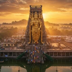 A majestic aerial view of Swamimalai Temple during sunrise, with Lord Murugan's six-faced golden statue radiating divine light from the main sanctum. The temple's dramatic South Indian architecture features intricately carved gopurams in Dravidian style, decorated with vibrant traditional colors. In the foreground, devotees in traditional Tamil attire climb the sacred 60 steps, symbolizing the 60 Tamil years. The temple tank reflects the golden sky, creating a mirror effect. Peacocks, Murugan's vahana, grace the temple premises with their divine presence. The scene is enhanced by morning mist, creating an ethereal atmosphere with rays of sunlight breaking through. The surrounding landscape shows modern guest houses and hotels nestled among coconut groves. Art style combines hyperrealistic digital photography with traditional Tanjore painting elements, featuring rich gold leaf effects and deep jewel tones. The lighting is warm and mystical, with emphasis on dawn colors - deep oranges, magentas, and touches of celestial blue.