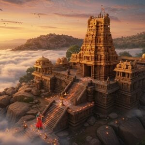 A majestic aerial view of Yadadri temple complex atop a granite hill during golden hour, with intricate Kakatiya architecture in rich saffron and gold tones. The main temple spire emerges from a bed of clouds, adorned with detailed South Indian temple carvings and sculptures. In the foreground, a young Indian woman in a traditional Telugu half-saree (langa voni) in peacock blue and gold, holding a brass deepam, walking up the ancient stone steps. The scene is illuminated by hundreds of floating diyas creating a mystical atmosphere. Intricate Telangana-style rangoli patterns flow along the steps. The background showcases rolling hills with granite formations characteristic of the region, with soft pink and orange sunset sky. The art style combines hyperrealistic architectural details with ethereal lighting and traditional Telangana folk art elements. Mandala patterns and sacred geometric designs subtly overlay the scene, creating a dreamlike quality. The lighting emphasizes the temple's golden hues while maintaining the warm, spiritual ambiance.