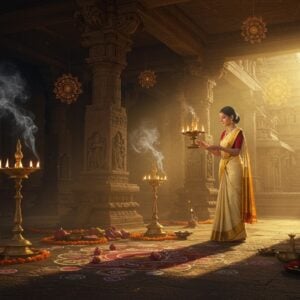 A serene Indian temple courtyard at dawn, with golden sunlight streaming through ornate pillars, illuminating a peaceful scene of devotion. In the foreground, a young Indian woman in a silk cream-colored saree with gold border performs aarti, holding a gleaming brass lamp with five flames. Behind her, intricate kolam patterns made with rice flour glow with ethereal light. The temple architecture features traditional South Indian Dravidian style with detailed stone carvings of deities and geometric patterns. Floating brass oil lamps and marigold garlands create layers of warm light. A soft mist carries the whispers of Sanskrit chants and fragrant smoke from camphor and incense. The scene is rendered in a fusion of Pattachitra and modern digital art style, with rich jewel tones of deep maroon, saffron, and peacock blue. Delicate mandala patterns float in the air, glowing with divine energy. The lighting is mystical with god rays filtering through the temple pillars, creating an atmosphere of profound spiritual connection. Hyperrealistic details in the brass items, silk textiles, and stone textures, while maintaining an ethereal, dreamlike quality overall.