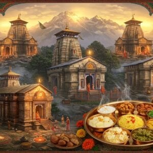 A panoramic view of four sacred Himalayan temples nestled in misty mountains, arranged in a mystical mandala pattern with intricate Madhubani-style borders. Each temple glows with divine golden light. In the foreground, a traditional copper thali displays local Garhwali cuisine - steaming hot jhangora ki kheer, pahadi dal, and kandali ka saag arranged in a circular pattern. Floating lotus petals and marigold flowers create an ethereal atmosphere. The scene is decorated with detailed rangoli patterns and sacred symbols. Small groups of pilgrims in traditional attire walk along mountain paths connecting the temples. Soft morning light bathes the scene in warm golden hues, with swirling clouds and prayer flags adding movement. The art style combines hyperrealistic architectural details with ethereal Indian miniature painting techniques, featuring rich jewel tones of deep maroon, saffron, and peacock blue. Subtle digital particles and lens flares enhance the spiritual atmosphere, while maintaining cultural authenticity.