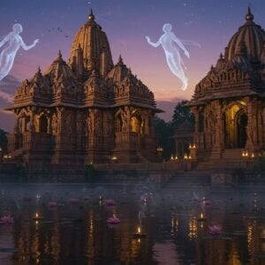 A majestic Indian temple complex at twilight, featuring curved feminine architectural elements and flowing lines, with a large ornate dome resembling a woman's crown. The foreground shows a serene pond reflecting golden light, with blooming lotus flowers. The temple walls showcase intricate Khajuraho-style carvings of dancing apsaras in graceful poses. Two ethereal female figures in translucent traditional Indian attire float above, their forms merging with the architecture, creating a surreal visual connection between the divine feminine and structural design. The scene is illuminated by soft, mystical light with hints of deep purple and gold. Architectural details include yoni-inspired circular motifs, feminine curves in archways, and mother goddess symbols integrated into the structure. The style combines hyperrealistic architectural details with ethereal, dreamlike elements. Multiple small oil lamps float on the water, creating points of golden light. The atmosphere is misty with traces of incense smoke, adding depth and mystery. The color palette features rich maroons, deep blues, and warm golds, with intricate Madhubani-style patterns adorning the temple walls.