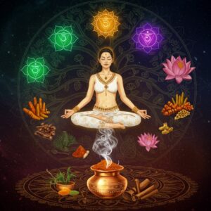 A serene Indian woman in lotus position floating above a cosmic mandala, wearing flowing white yoga attire with gold accents. Her body radiates a soft golden aura, surrounded by ethereal swirling energy patterns in deep indigo and saffron. Three chakra symbols float around her - heart chakra in emerald green, third eye chakra in deep purple, and crown chakra in brilliant gold. Below her, a traditional copper Ayurvedic vessel releases wisps of aromatic herbs (tulsi, neem, and sandalwood) that transform into luminous sacred geometry patterns. The background features a large intricate Madhubani-style tree of life with medicinal herbs and yoga mudras integrated into its branches. Floating lotuses and traditional Ayurvedic ingredients like turmeric roots, ashwagandha leaves, and cardamom pods orbit around the central figure. The lighting is mystical with soft glowing highlights in turquoise and gold. The entire scene is rendered in a harmonious blend of traditional Indian art and modern digital art style, with detailed patterns and a rich color palette of deep maroons, peacock blues, and burnished golds. Atmosphere is peaceful and spiritually enlightened.