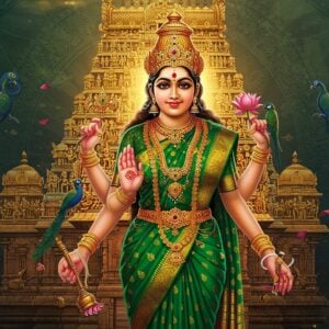 A majestic portrait of Goddess Meenakshi Amman in her divine form, standing gracefully with four arms - right upper hand holding a lotus flower, right lower hand holding a Vel (spear), left upper hand holding a parrot, and left lower hand in Abhaya mudra. She wears a magnificent emerald green silk saree with gold zari work featuring traditional South Indian temple motifs. Her facial features are beautiful with fish-shaped eyes (Meen-akshi), adorned with traditional Tamil temple jewelry including a grand crown (Kiritam), nose ring, and multiple necklaces. Behind her, a massive ornate golden gopuram of Madurai Meenakshi Temple rises, detailed with intricate Dravidian architecture. The scene is illuminated by warm divine light, with floating lotus petals and peacock feathers. Mystic fish symbols and parrot motifs appear in stylized Madhubani patterns in the background. The atmosphere has an ethereal quality with soft glowing orbs of light and subtle mandala patterns. The color palette combines deep emerald greens, rich golds, and royal blues with touches of soft pink and purple. Art style merges hyperrealistic digital rendering with traditional Indian temple art aesthetics, maintaining divine grace while being visually modern.