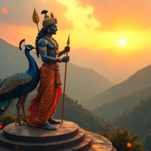 A majestic Lord Murugan statue in his classic bal-form, crafted in navapashanam, standing atop the Palani hills during sunrise. The deity holds vel (divine spear) in his right hand and shows abhaya mudra with his left hand. He wears a bright orange dhoti with gold embellishments, peacock feathers adorning his crown. His divine peacock mount stands regally beside him, its feathers displaying intricate Madhubani-style patterns in brilliant blues and greens. The background shows misty mountains with golden rays of dawn breaking through, creating a mystical atmosphere. Sacred steps leading to the temple visible in spiral formation. Floating lotus flowers and spiritual symbols in gold surround the scene. The color palette includes deep maroons, celestial blues, and sacred saffron hues. The art style combines hyperrealistic digital rendering with traditional South Indian temple art influences. A soft divine glow emanates from the idol, highlighting its sacred composition. Ancient Tamil scripts and symbolic navapaashana ingredients float ethereally in the background like specks of golden light.