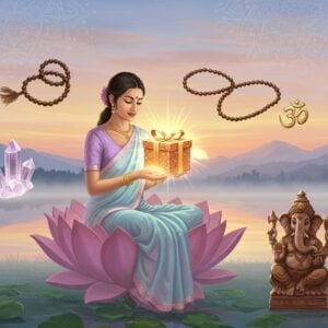 A serene Indian woman in a pastel-colored saree sits cross-legged on a lotus flower, surrounded by a soft golden glow. She's holding a beautifully wrapped gift box emitting a radiant light. Around her float various spiritual items: a shimmering crystal, an intricately carved wooden mala, a vibrant Ganesha statue, and a delicate silver Om pendant. The background features a misty, ethereal landscape with distant mountains and a calm lake reflecting the warm sunrise. Soft, glowing mandalas appear in the sky like celestial ornaments. The art style blends traditional Indian Madhubani patterns with modern digital techniques, using a palette of soft blues, pale pinks, and warm golds. The scene exudes tranquility and mindfulness, with an air of celebration and gift-giving.