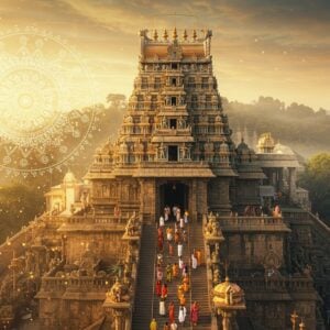 A majestic aerial view of Tirumala temple complex atop a misty hill, bathed in golden sunlight. The ornate gopuram towers above, adorned with intricate carvings and vibrant colors. In the foreground, a diverse group of Indian devotees in traditional attire ascend the steps, carrying offerings of flowers, coconuts, and prasad. A stylized, glowing mandala frames the scene, intertwined with digital elements representing online bookings and travel plans. The art style blends photorealistic architecture with ethereal, dreamlike qualities - soft glows, lens flares, and floating particles create a spiritual atmosphere. Rich, deep colors of saffron, gold, and peacock blue dominate, with hints of pastel hues in the sky. Intricate Madhubani-inspired patterns subtly overlay the image, adding cultural depth.