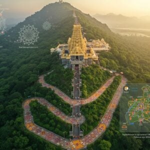 A serene aerial view of the Tirumala temple complex nestled in the lush green Tirumala hills at dawn, with golden sunlight illuminating the iconic golden gopuram. In the foreground, a winding path leads up the hill, dotted with pilgrims in colorful traditional attire. The path is lined with intricate Madhubani-style patterns in vibrant hues of saffron, maroon, and peacock blue. Floating above the scene are ethereal, translucent mandalas and lotus flowers in soft pastel colors. A glowing, stylized map of the temple complex hovers in one corner, with key locations highlighted. The overall composition blends photorealistic elements with surreal, artistic touches, creating a dreamlike quality that emphasizes the spiritual journey. The lighting is soft and warm, with a gentle mist adding to the mystical atmosphere. In the distance, a subtle silhouette of Lord Venkateswara can be seen, blessing the pilgrims.